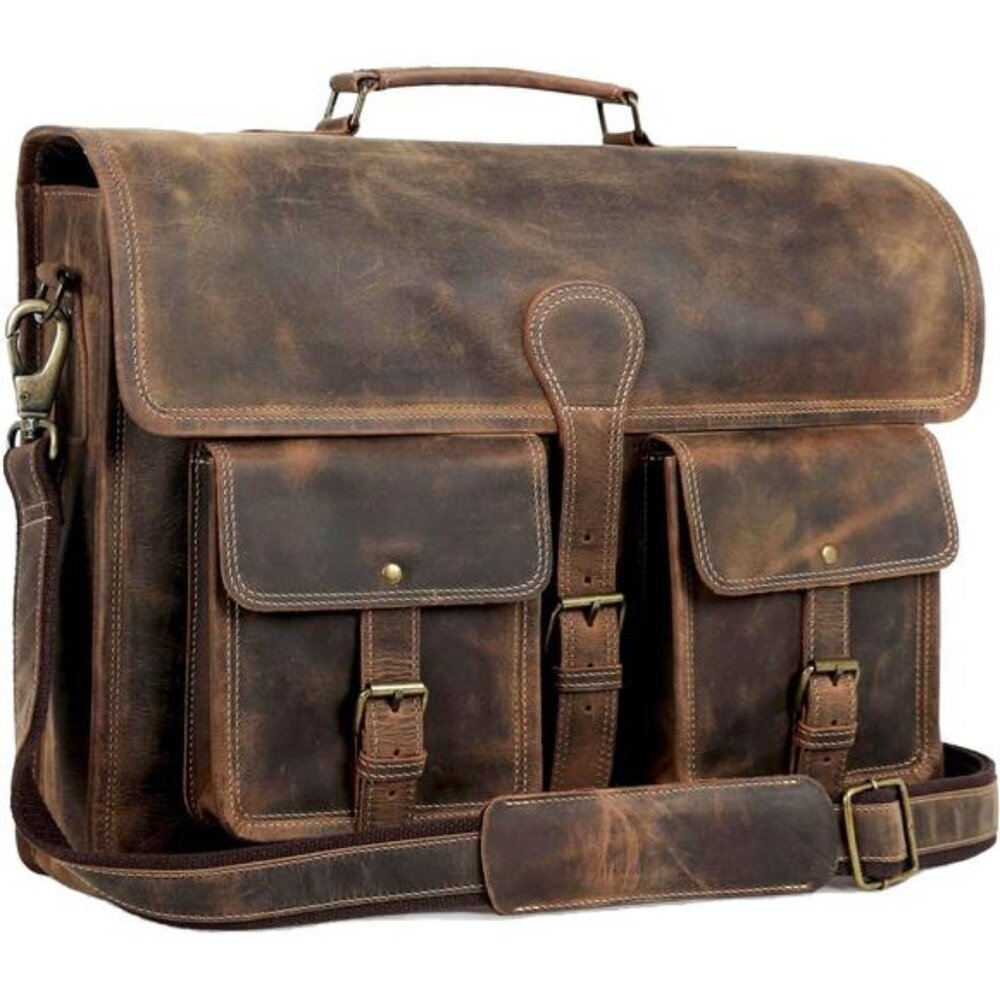 Leather Briefcase 18 inch Laptop Messenger Bag for Men Women Satchel Office Bag